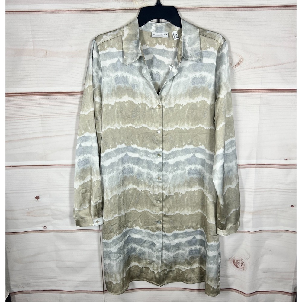 Susan Graver Top Womens Medium Silver Print Duster Shirt Button Up Long Sleeve